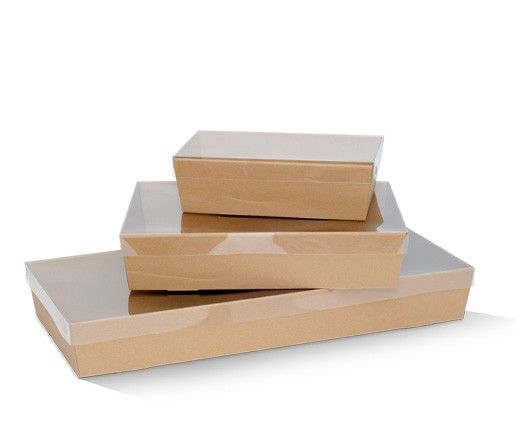 Three stacked cardboard boxes with clear lids on a white background