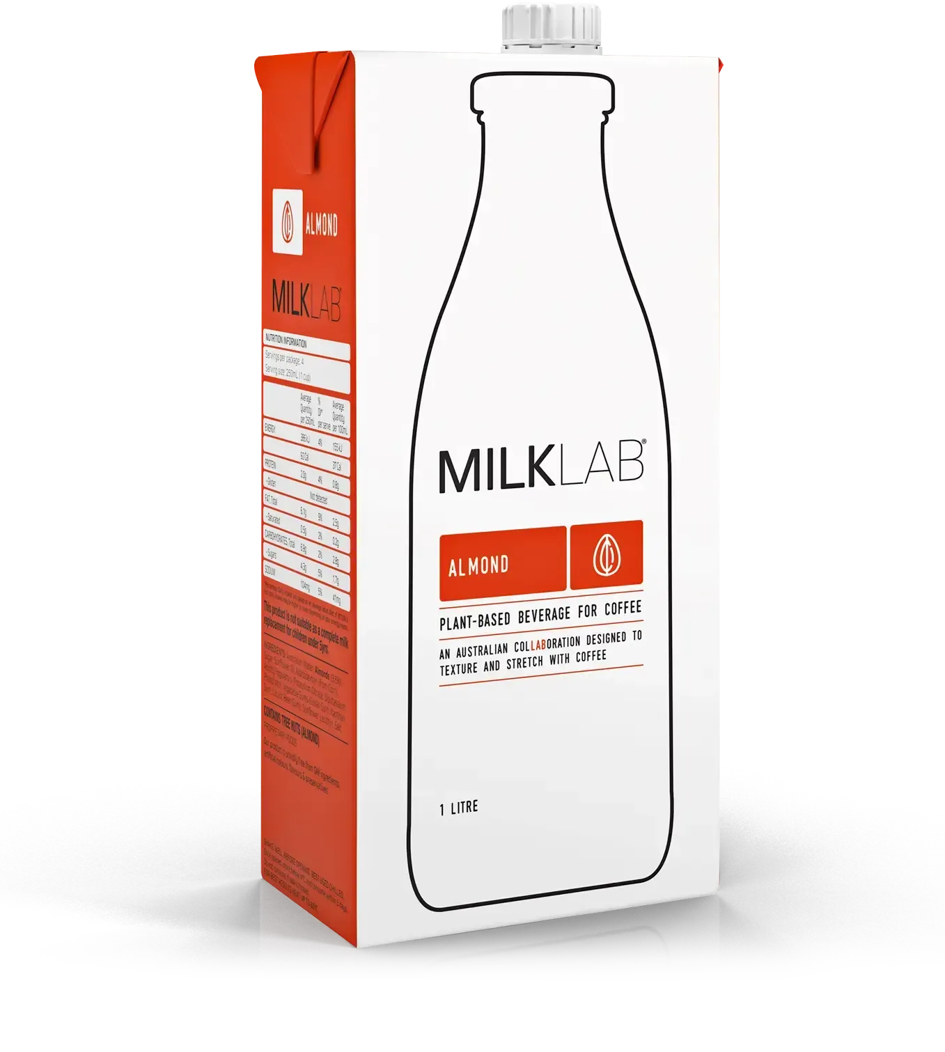 White milk carton with orange side panel labeled “MILK LAB” on a white background