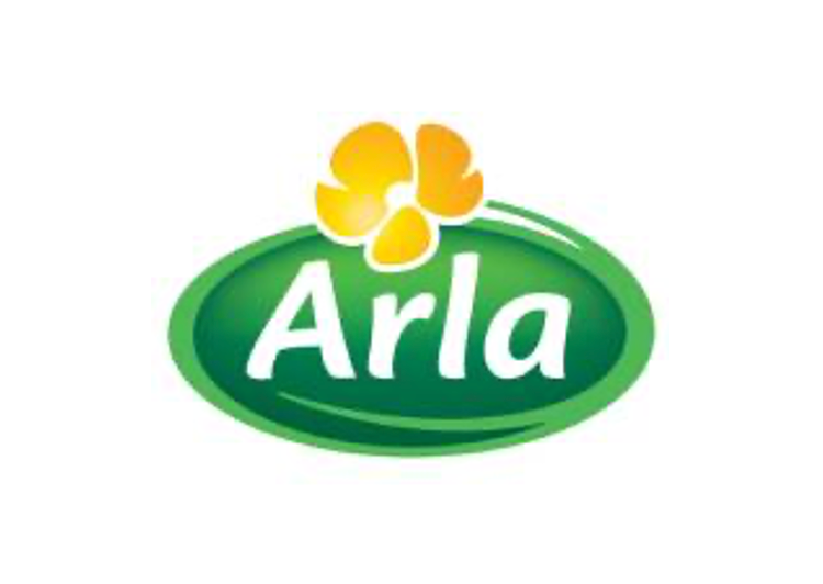 Arla logo: green oval with white text and yellow flower above