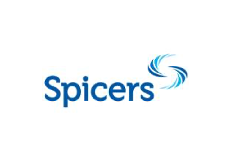Spicers logo in blue with a teal swirl icon on a white background