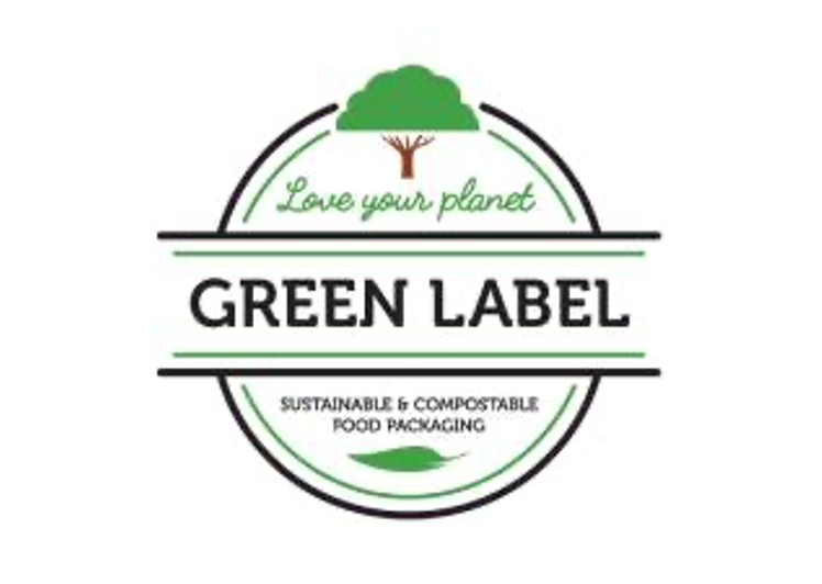 Green Label logo with tree and text “Sustainable & compostable food packaging”