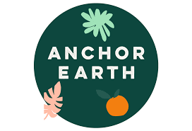 Anchor Earth logo with white text on dark green circle, mint leaves, peach flower, and orange fruit