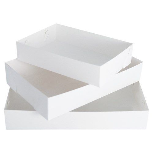 Three stacked white cardboard trays on a plain white background