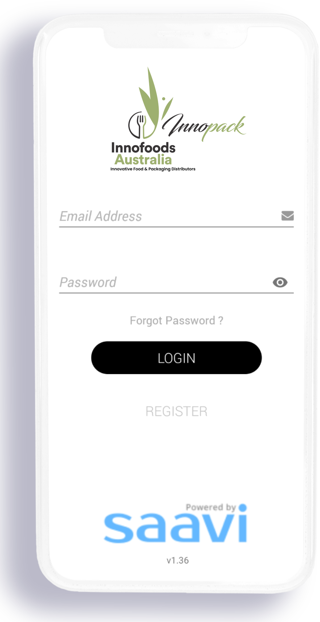 Mobile app login screen with logo, email and password fields, forgot password, login button, and Saavi branding.