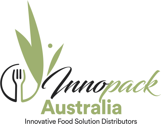 Innopack Australia logo with green leaves and fork icon; “Innovative Food Solution Distributors” tagline