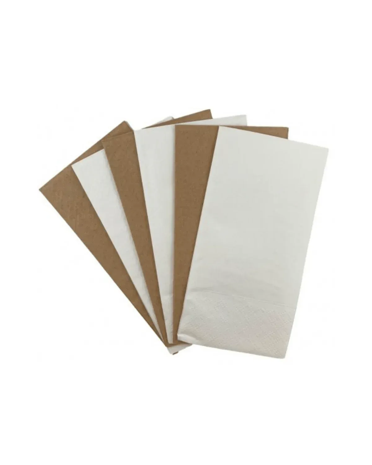 Stack of white and brown rectangular sheets fanned out on a white background