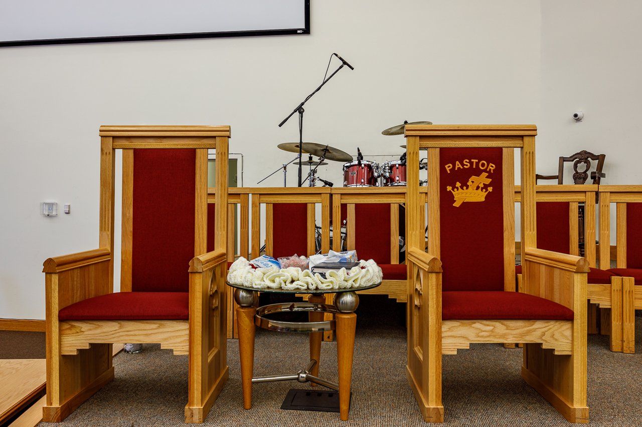 Two red chairs with 