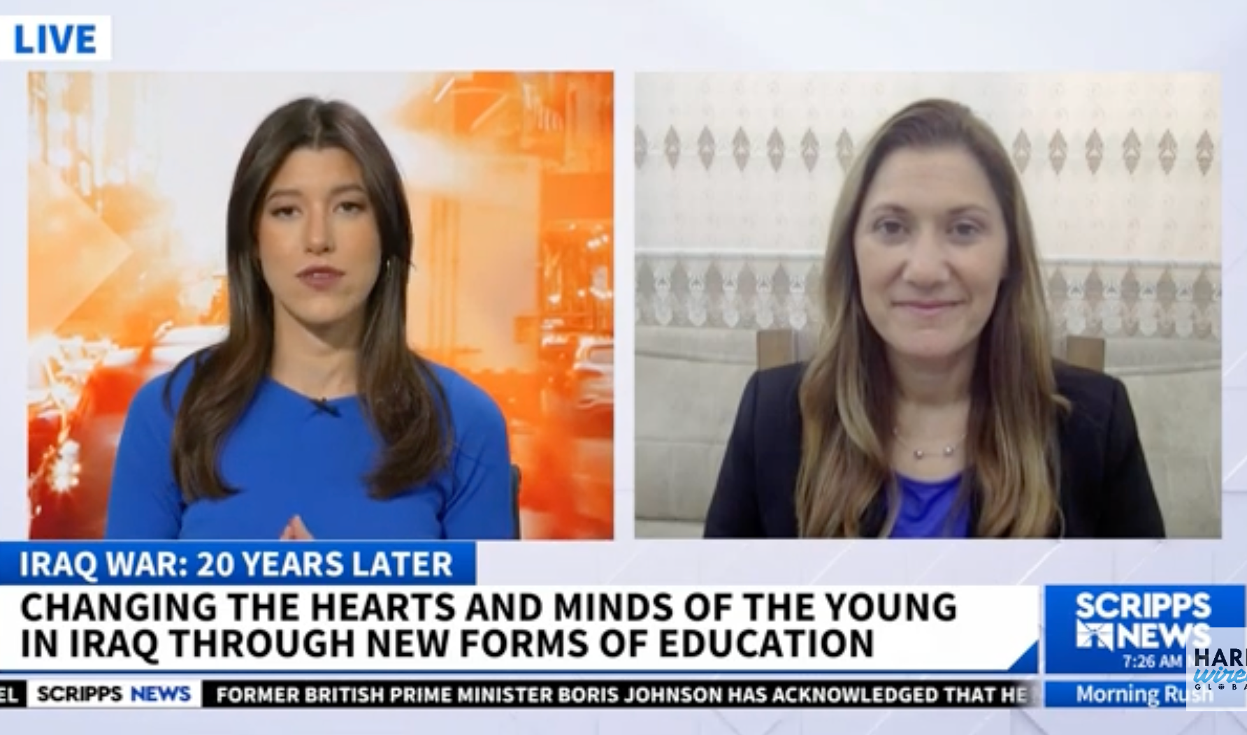 Non Profit: Two women are on a news channel talking about changing the hearts and minds of the young in iraq through new forms of education