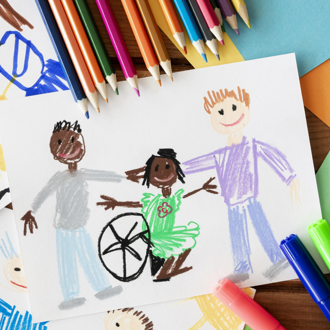 Diversity and Inclusion photo drawn by a child, with one person in a wheel chair.