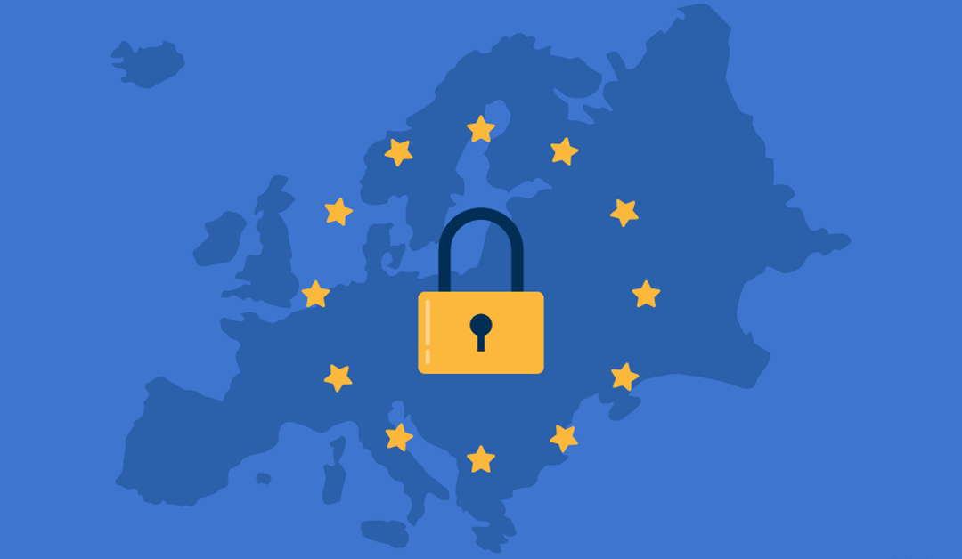 Map of Europe with padlock over it, surrounded by stars; representing data privacy.