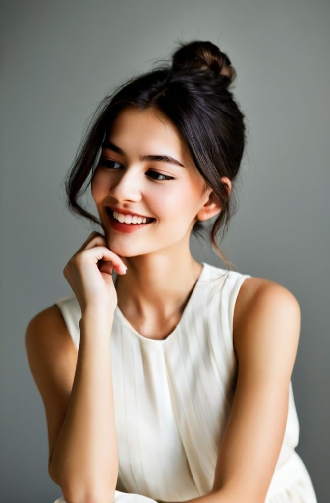 Woman with dark hair in a bun, smiling and looking to the side, wearing a white sleeveless top.