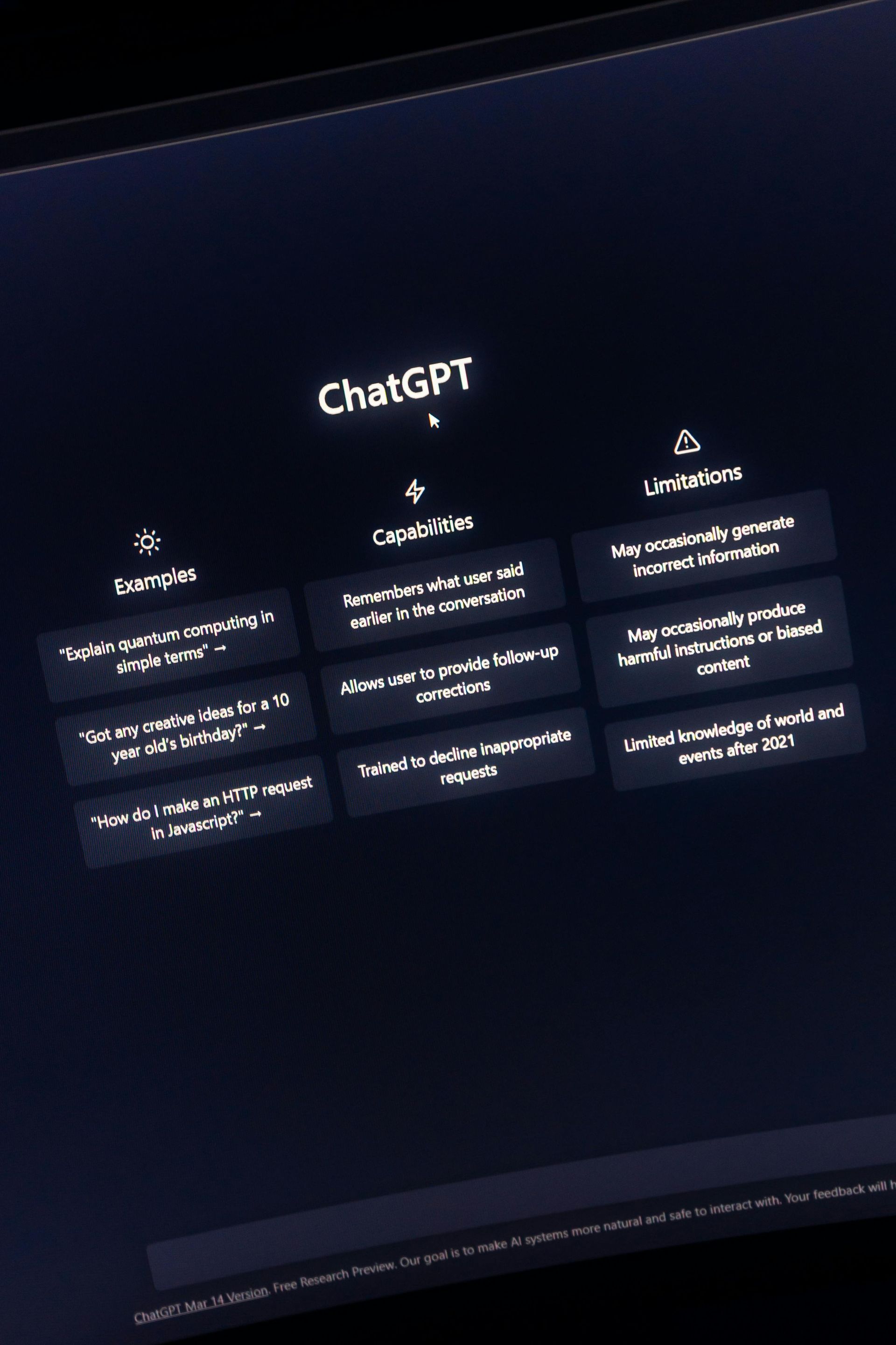ChatGPT interface on a dark screen; shows examples, capabilities, and limitations.