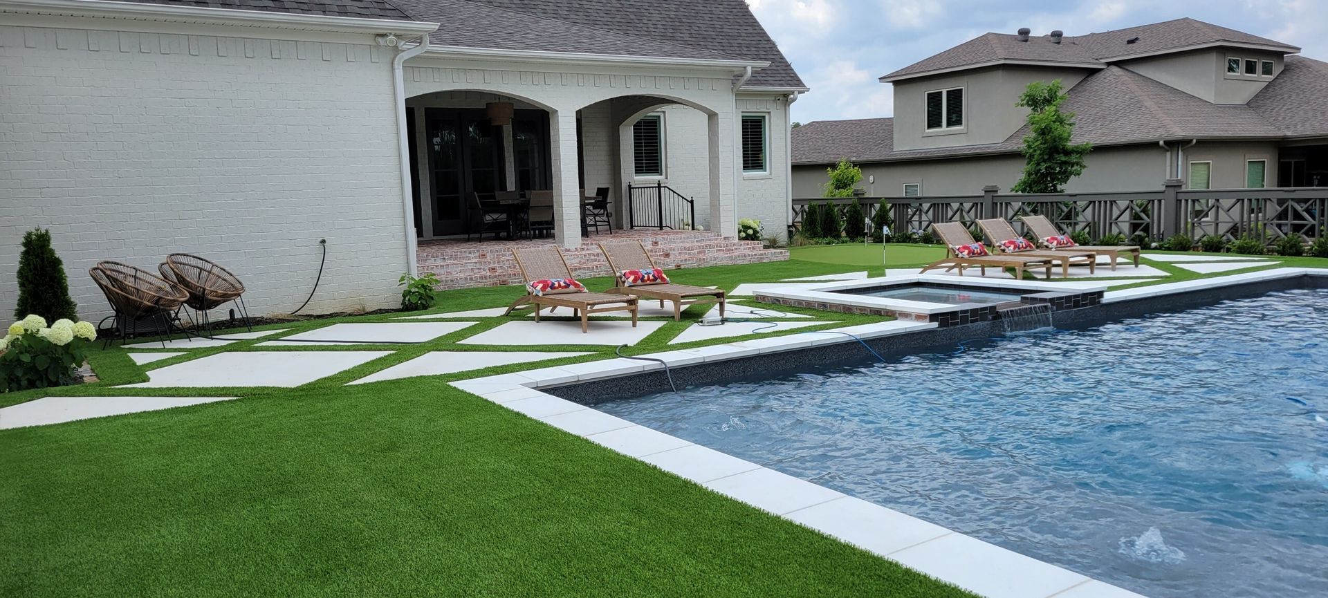 Backyard pool beside a patio and white house, with green lawn and stone walkway
