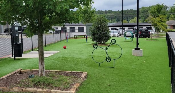 Grassy yard with a metal wheel sculpture, trees, a fence, and a building in the background