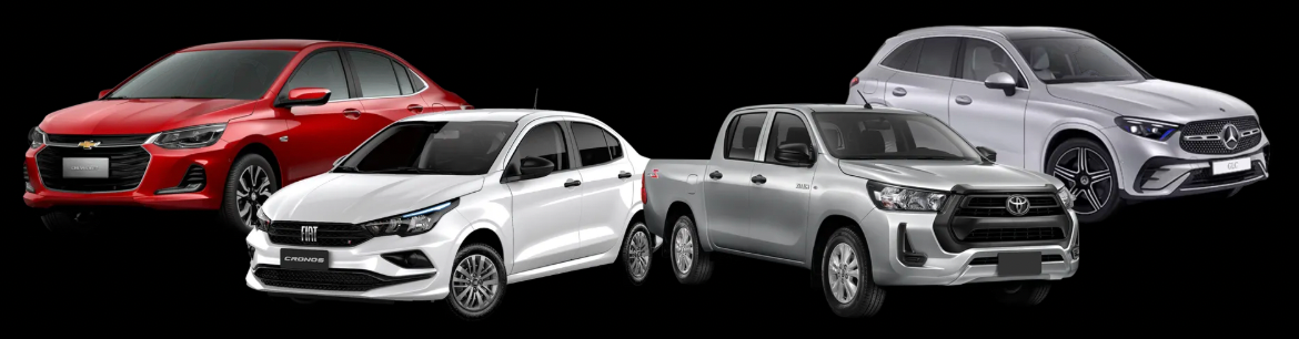 Cinco carros compactos nas cores vermelho, branco, prata e cinza, dispostos em fila sobre um fundo preto.