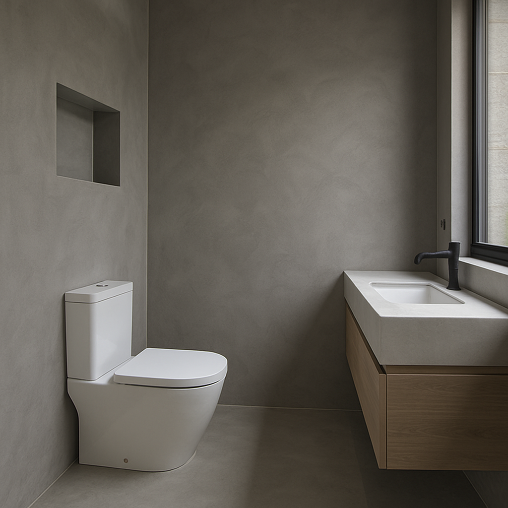 Baño moderno con paredes grises, inodoro blanco, tocador de madera y una ventana.