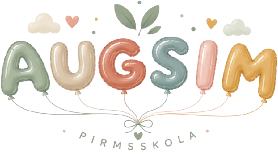 Pasteļtoņu balonu burti ar uzrakstu “AUGSIM” ar lapām, sirdīm un uzrakstu “PIRMSSKOLA” apakšā