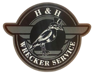 A logo for H & H Wrecker Service with a bird in a top hat