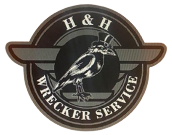 A logo for H & H Wrecker Service with a bird in a top hat