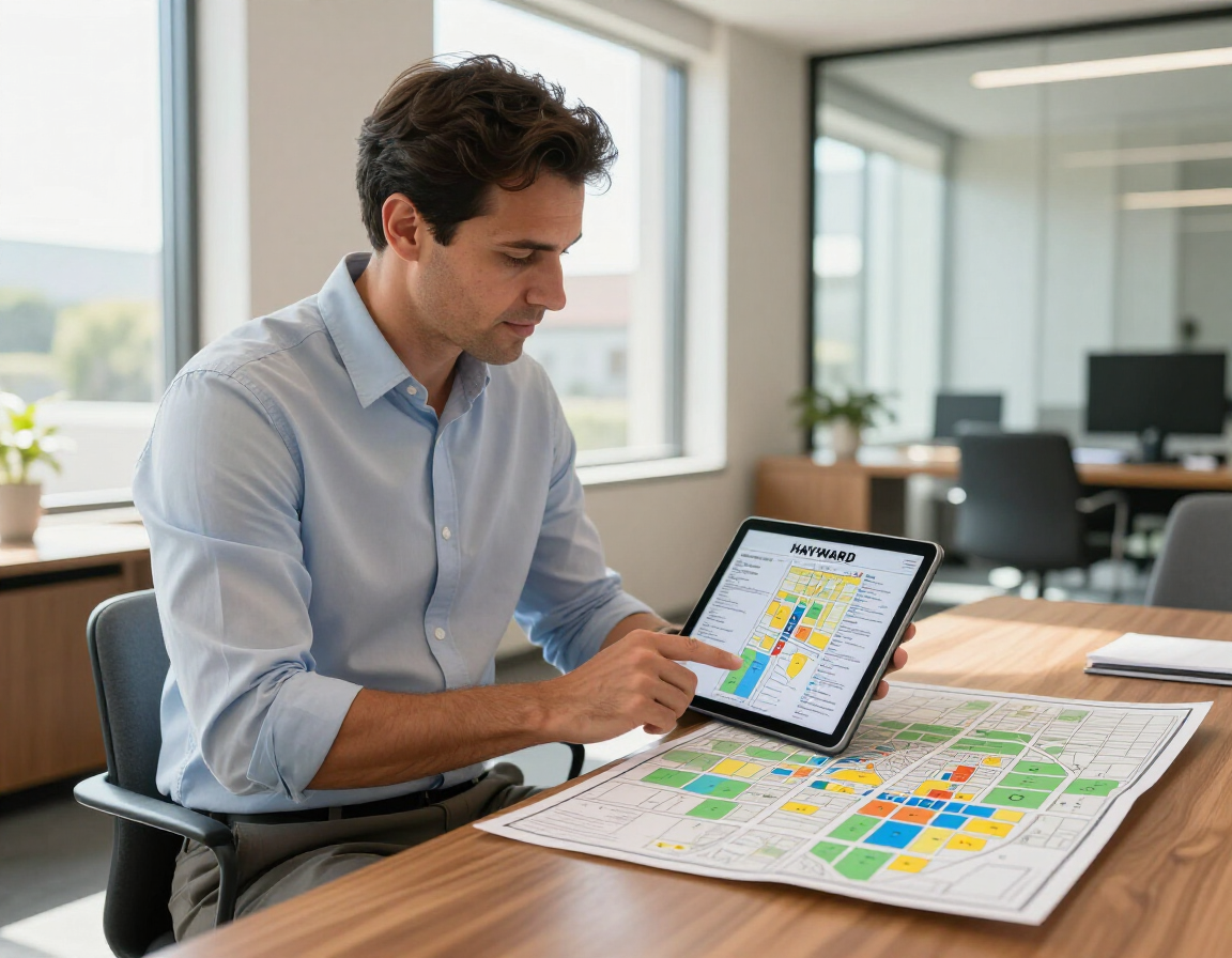 Person using a tablet to review a colorful floor plan on a desk in a bright office