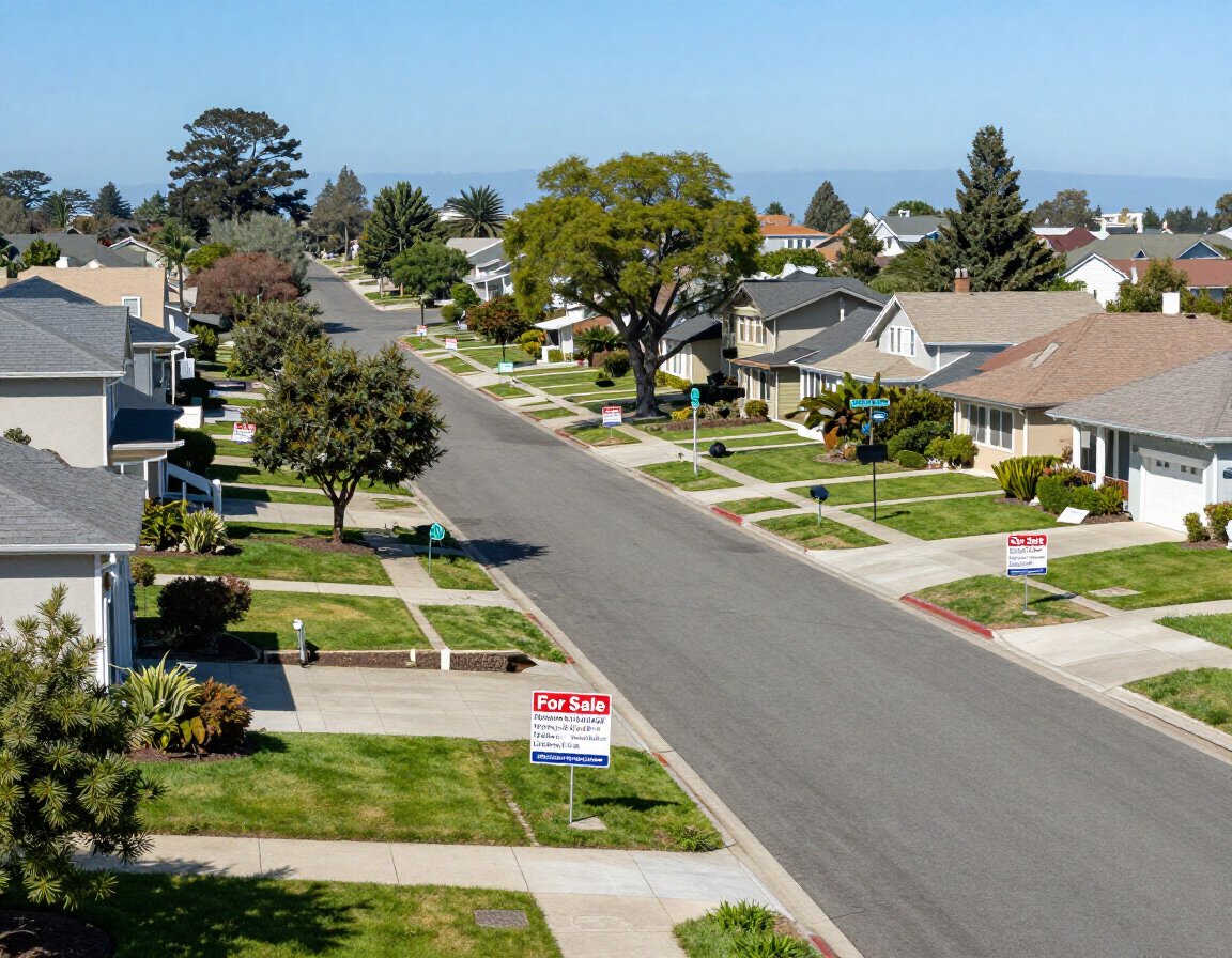 Quiet suburban street with houses, sidewalks, trees, and real estate signs on a sunny day