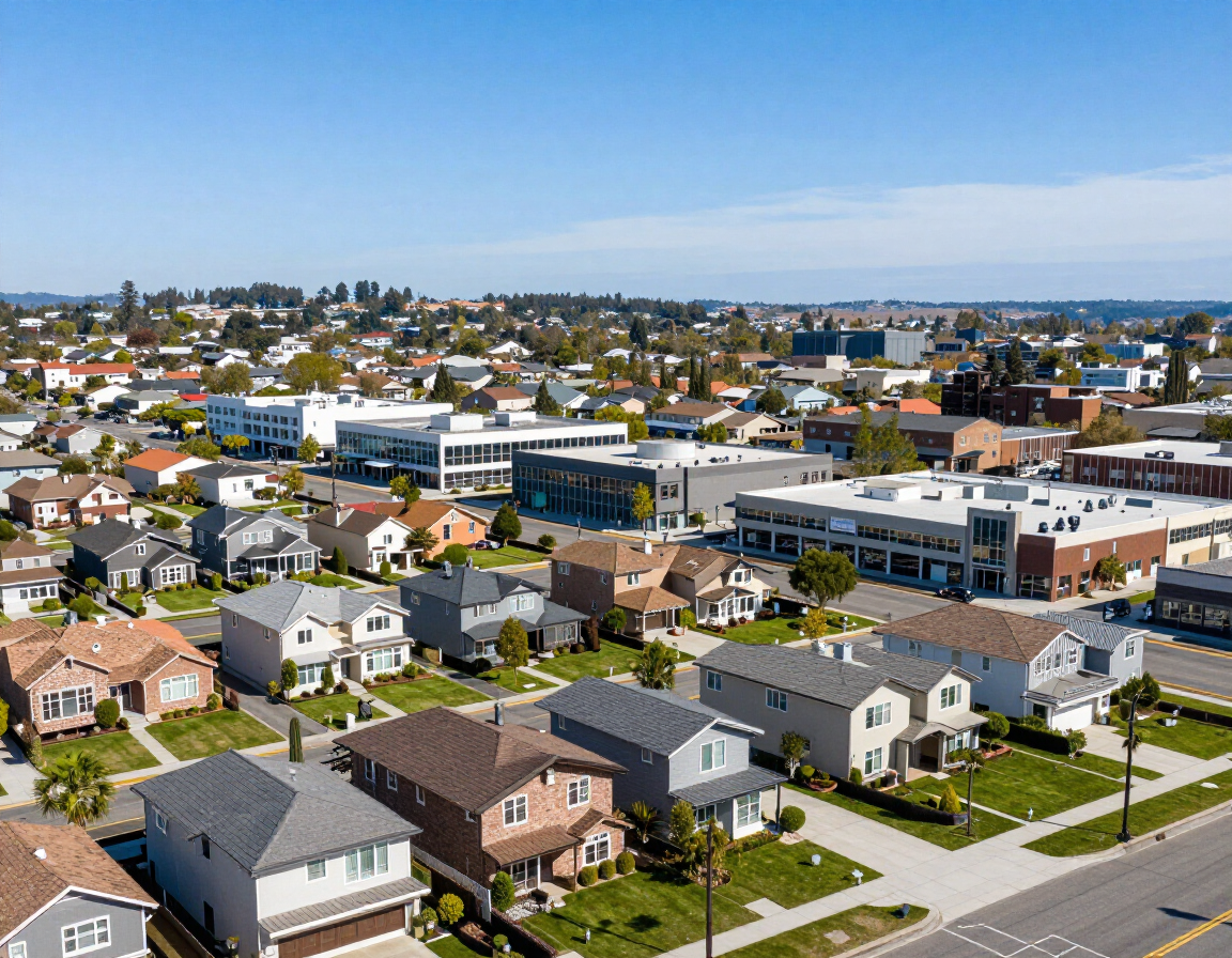Aerial view of a suburban neighborhood with houses, streets, and low-rise commercial buildings under a clear sky