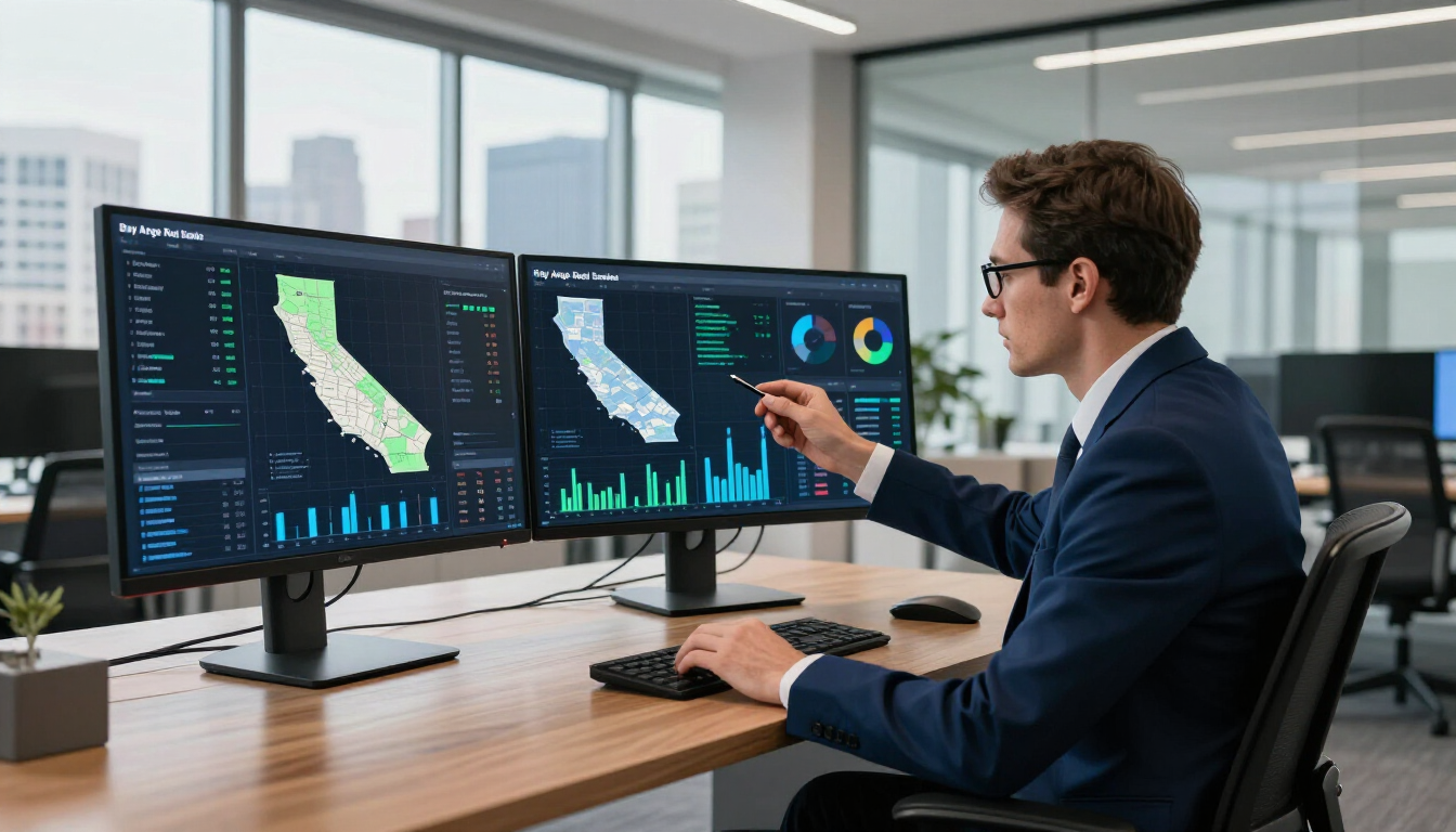 Man in a suit analyzing dashboard data on dual monitors in a modern office