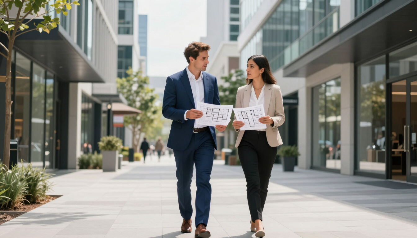 Two professionals walking outdoors in a modern office plaza, reviewing papers and talking.