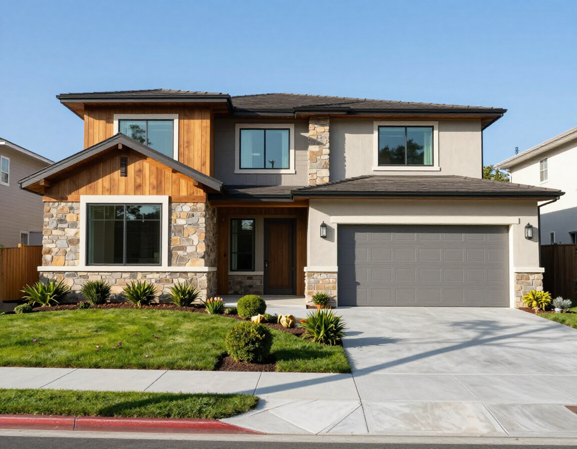 Modern two-story suburban house with stone facade, gray garage, and landscaped front yard