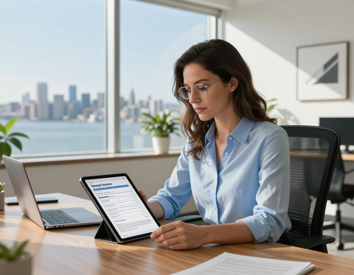 Woman working at a desk with a tablet and laptop in a bright office, overlooking a city skyline