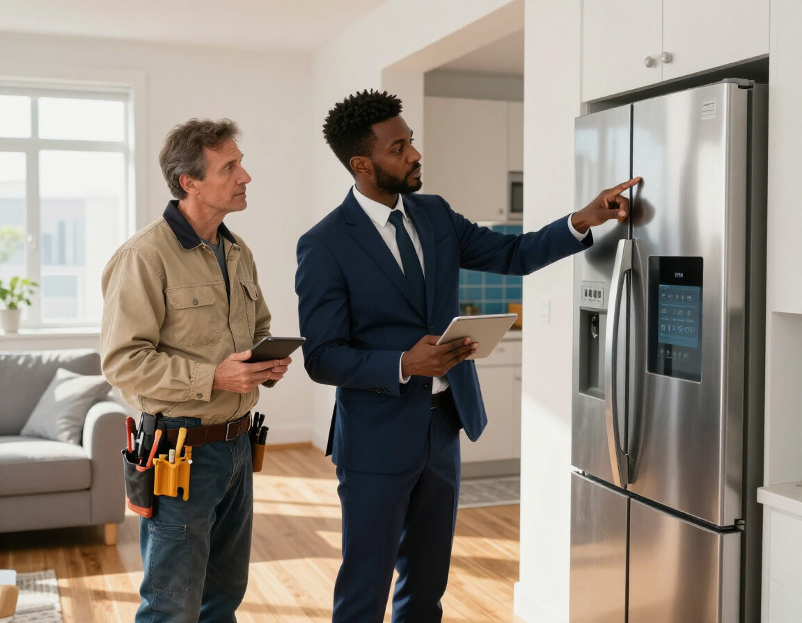 Two people inspecting a stainless steel refrigerator in a bright kitchen, one holding tools.
