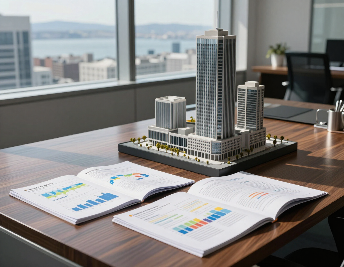 Architectural model on a conference table with open charts in a modern office overlooking the city