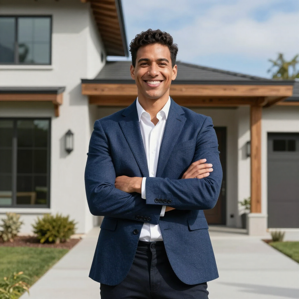 Man in navy blazer stands smiling with arms crossed in front of a modern house