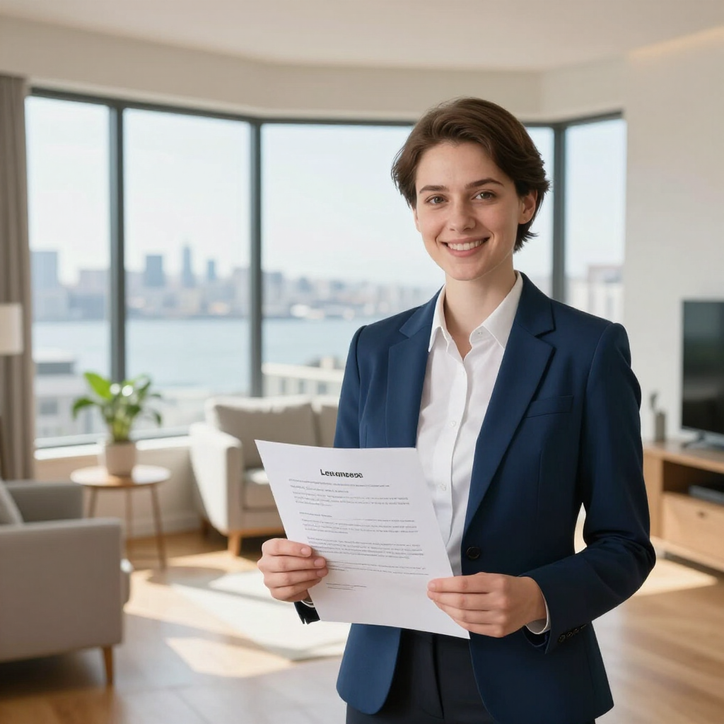 Professional woman in a navy blazer holding a document in a bright office with city views