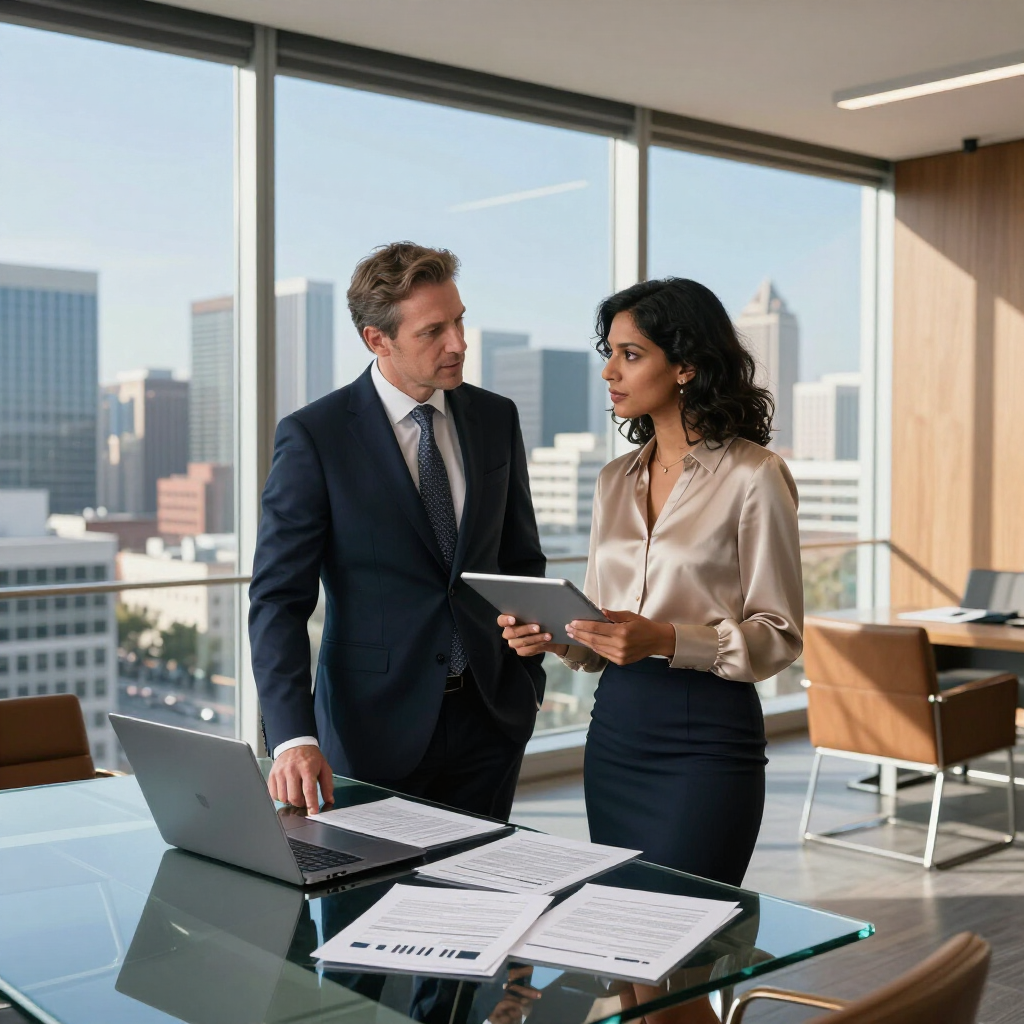 Two professionals discuss documents in a bright office with a city skyline view.