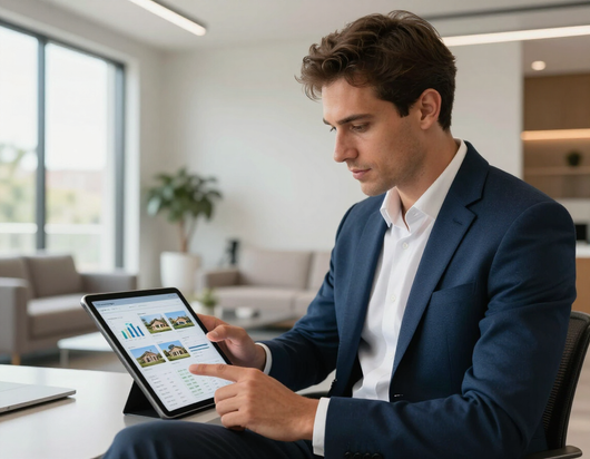 Man in a blue suit using a tablet at a desk in a bright office