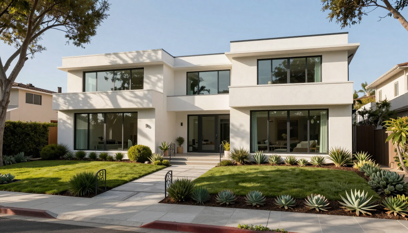 Modern white two-story house with large windows, landscaped front yard, and driveway