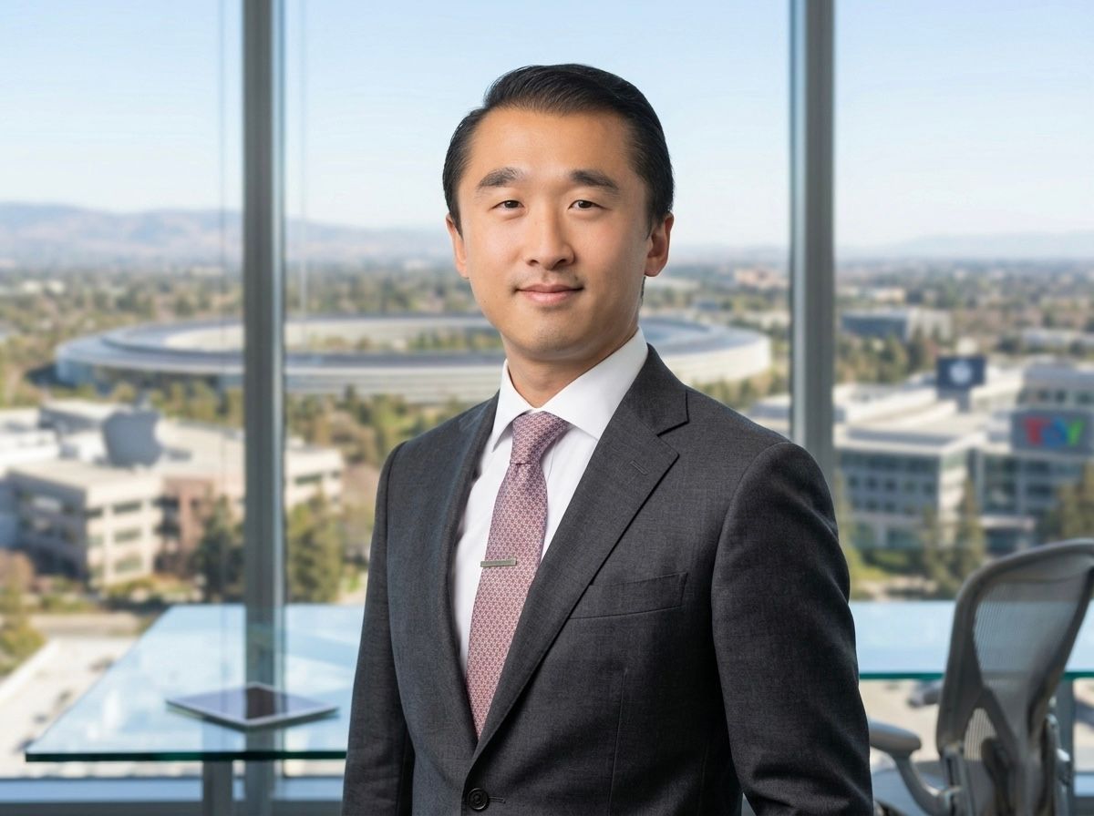 Businessman in a dark suit standing on a rooftop with a cityscape in the background