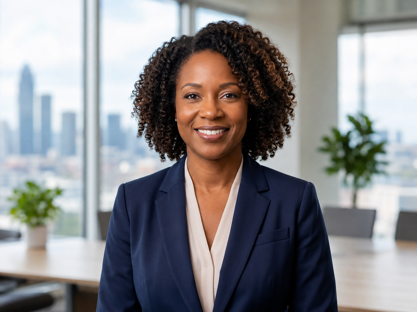 Professional woman smiling in a bright office with city skyline windows behind her