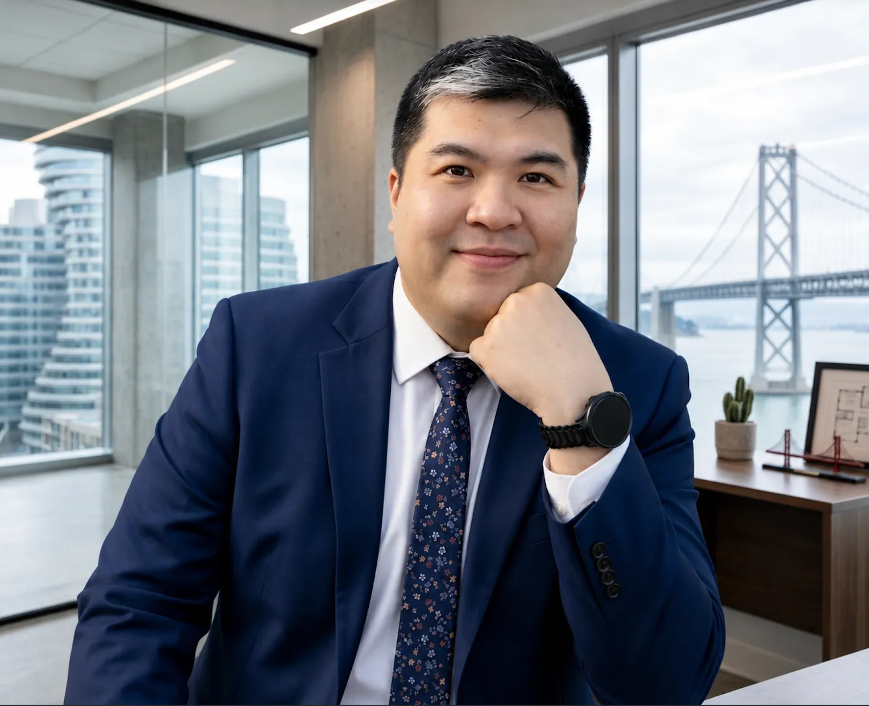 Man in a navy suit posing in an office with city and bridge views