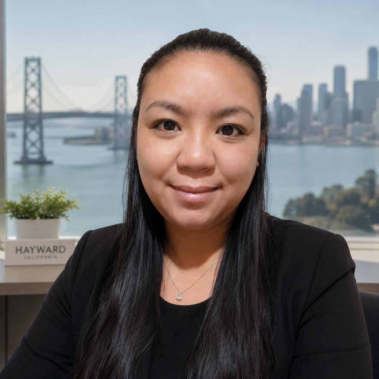 Portrait of a woman in a black blazer with a city skyline and bridge in the background