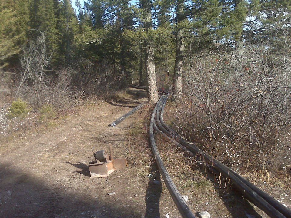 Outdoor dirt path with black pipes running through a wooded area, under a clear sky.