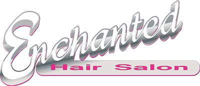 A logo for enchanted hair salon on a white background.