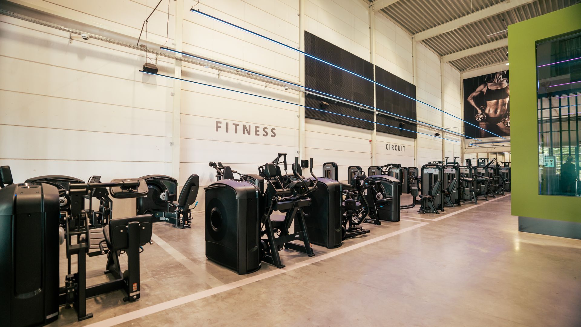 Modern fitnesscentrum met rijen cardioapparaten en een