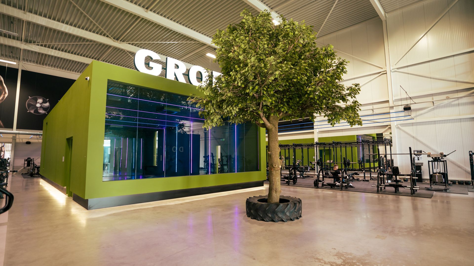 Modern fitnesscentrum met een groene studio-unit, een grote boom en fitnessapparaten.
