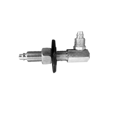 Um close de um encaixe de metal com um parafuso e uma arruela em um fundo branco