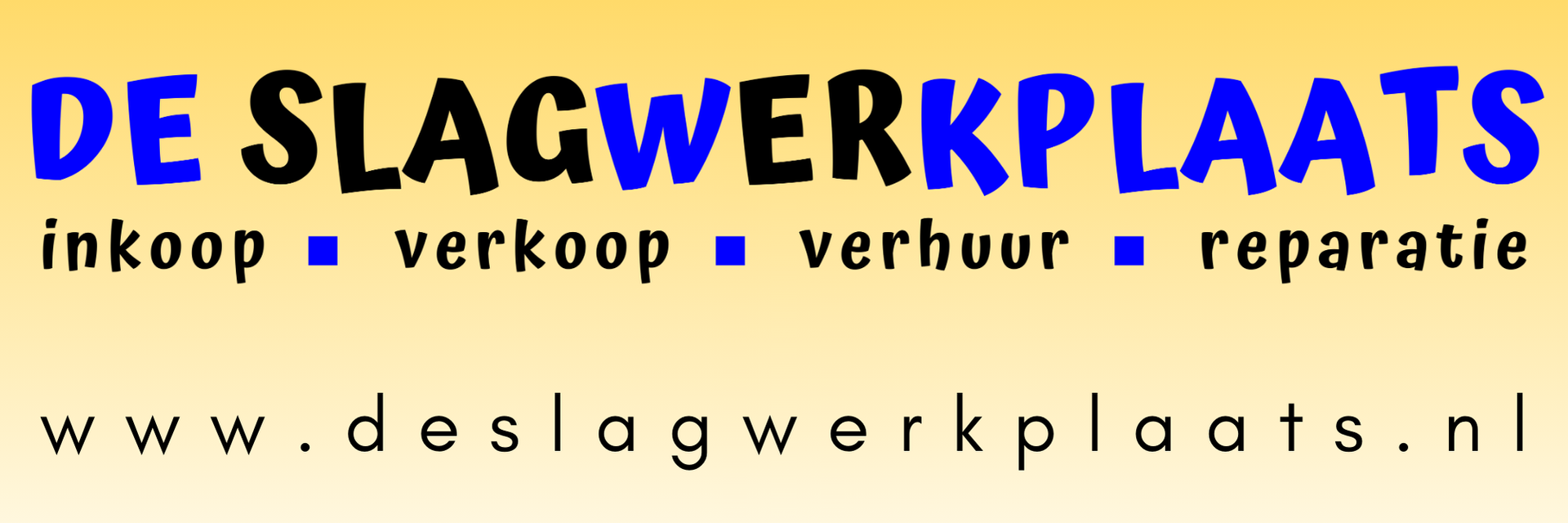Logo voor De Slagwerkplaats, met blauwe en zwarte tekst op een gele achtergrond en de website-URL eronder.
