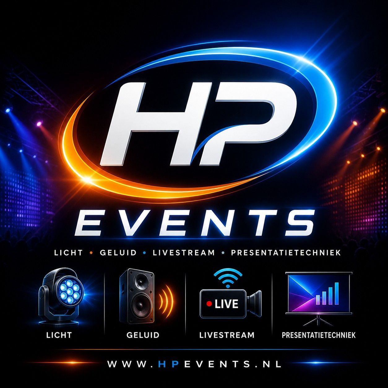 HP Events-logo op een donkere achtergrond met neonblauwe en oranje lichteffecten en servicepictogrammen.