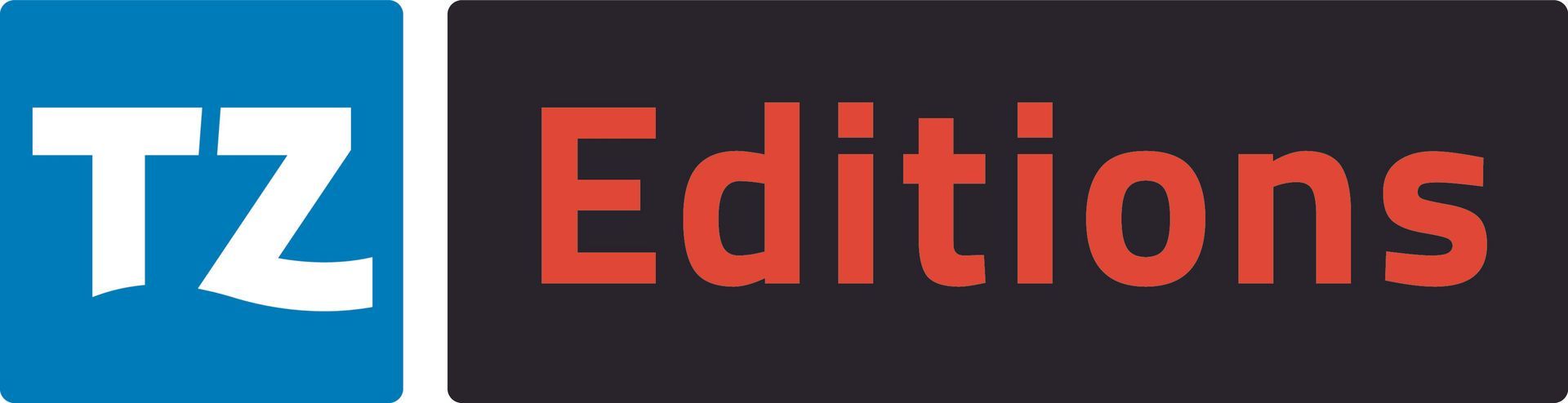 Het TZ Editions-logo in blauwe, rode en zwarte tekst op een witte achtergrond.