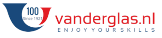Het logo van Vanderglas.nl met blauwe en rode tekst, de slogan